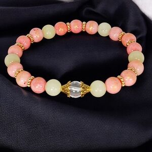 Peach Pink Mountain Jade Green Beryl & Clear Quartz Crystal Bracelet New Preppy